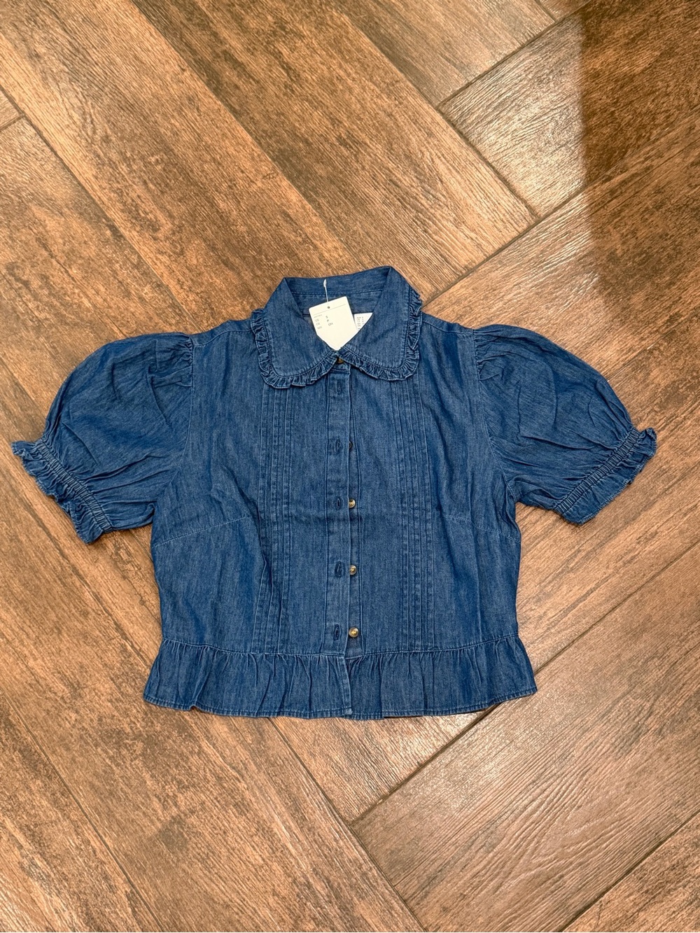 H&M Blue Denim Short Puff-Sleeve Button Front Blouse